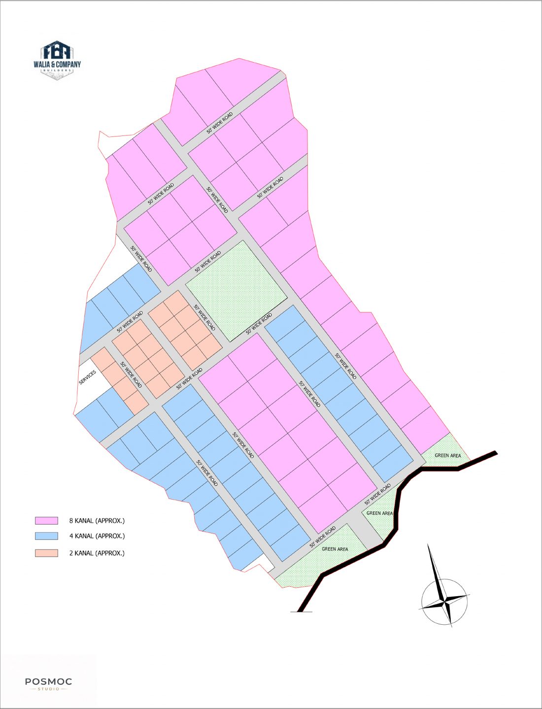 Site layout plan showing 8, 4 and 2 kanal plots along 50 ft roads, with a central green area and green belts on the southern edge